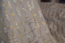 120 Grams Glitter Gold Sequins and Dyeable Thread Geomentrival Embroidery on Dyeable Viscose Georgette Fabric 44inch